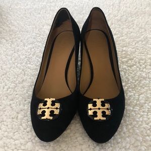 Tory Burch Black Luna Suede Round Toe Wedges